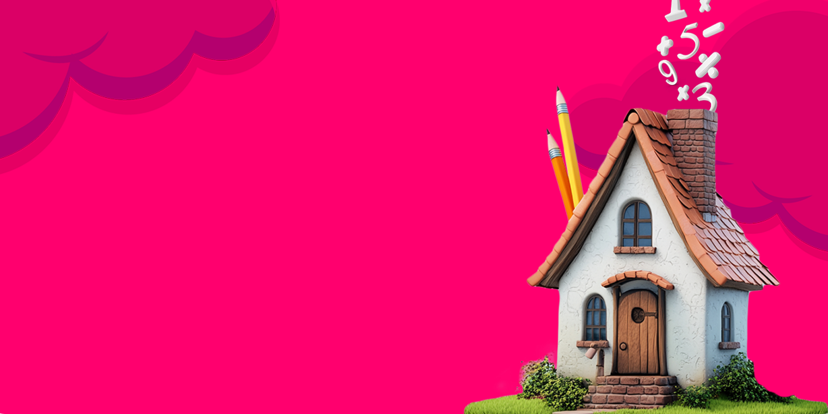 Graphic of math-themed house with pencils for the chimney along with numbers for the smoke.