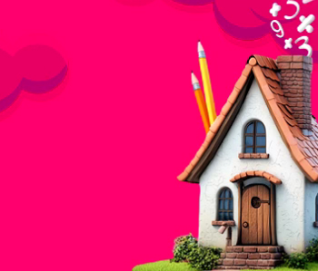 Graphic of math-themed house with pencils for the chimney along with numbers for the smoke.