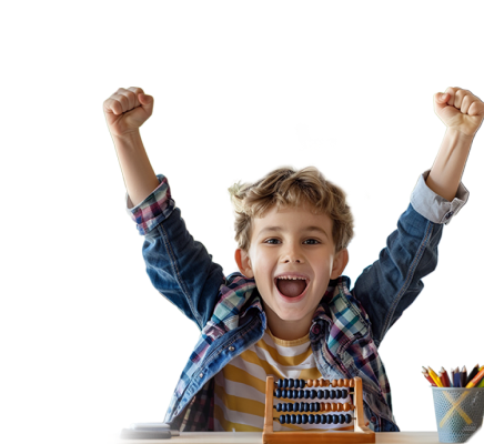 Elementary school boy is excited to celebrate his new math knowledge and accomplishments behind an abacus.