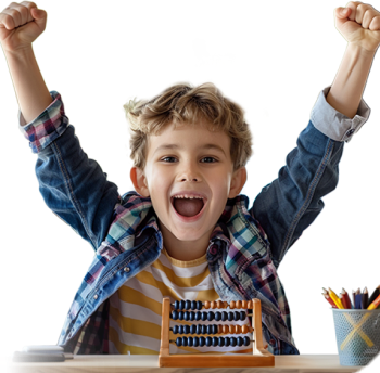Elementary school boy is excited to celebrate his new math knowledge and accomplishments behind an abacus.