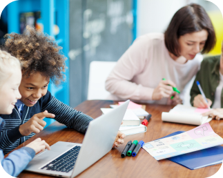 Two groups of students work in a blended classroom model of virtual math tutoring.