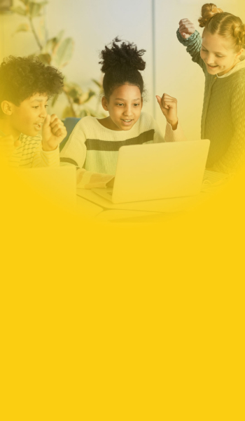 Students excitedly solve tasks together during virtual math tutoring session at school.